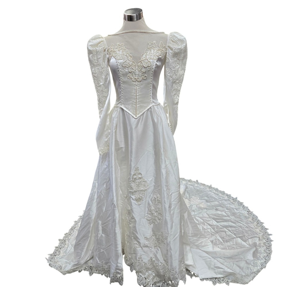 Alfred Angelo Vintage Wedding Dress Satin Lace Pearl Sequin Cathedral Train Sz 6